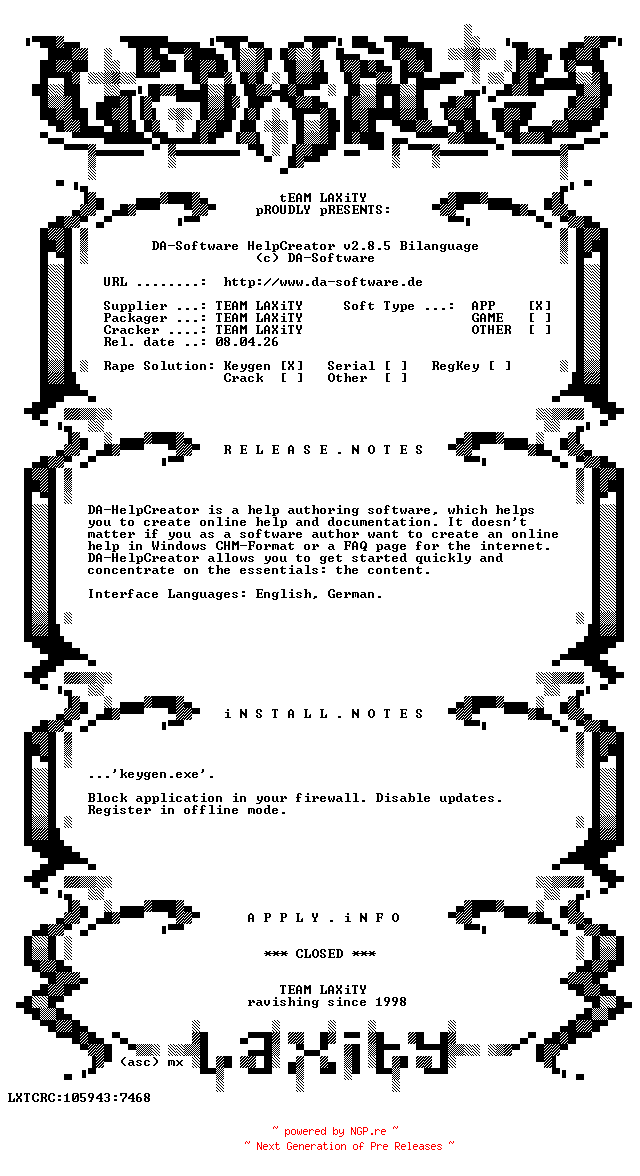 NFO for the release DA-Software.HelpCreator.v2.8.5.Bilanguage.incl.Keygen-LAXiTY by LAXiTY