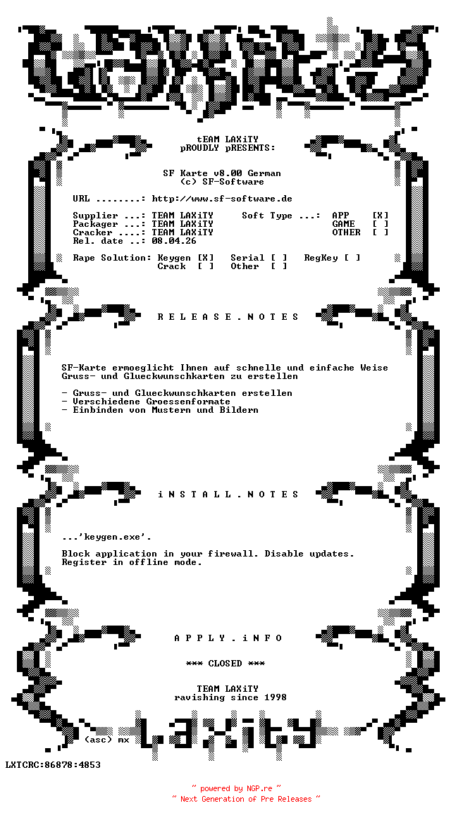 NFO for the release SF.Karte.v8.00.German.Keygen.only-LAXiTY by LAXiTY