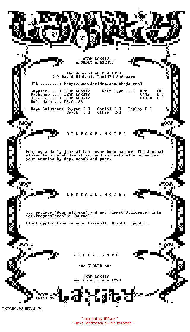 NFO for the release The.Journal.v8.0.0.1353-LAXiTY by LAXiTY