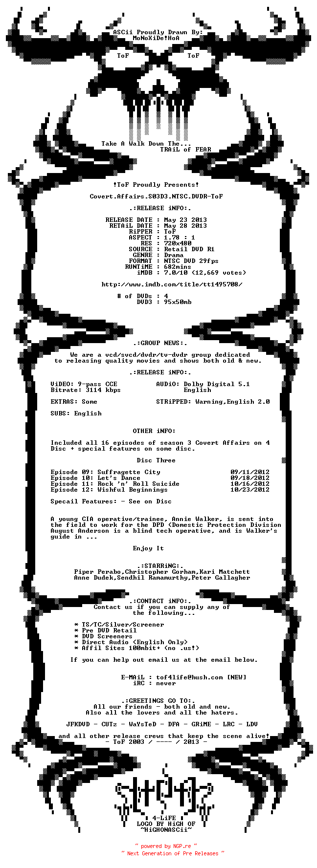 NFO for the release Covert.Affairs.S03D3.NTSC.DVDR-ToF by ToF