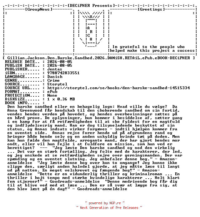 NFO for the release Gillian.Jackson.Den.Barske.Sandhed.2026.DANiSH.RETAiL.ePub.eBOOK-DECiPHER by DECiPHER