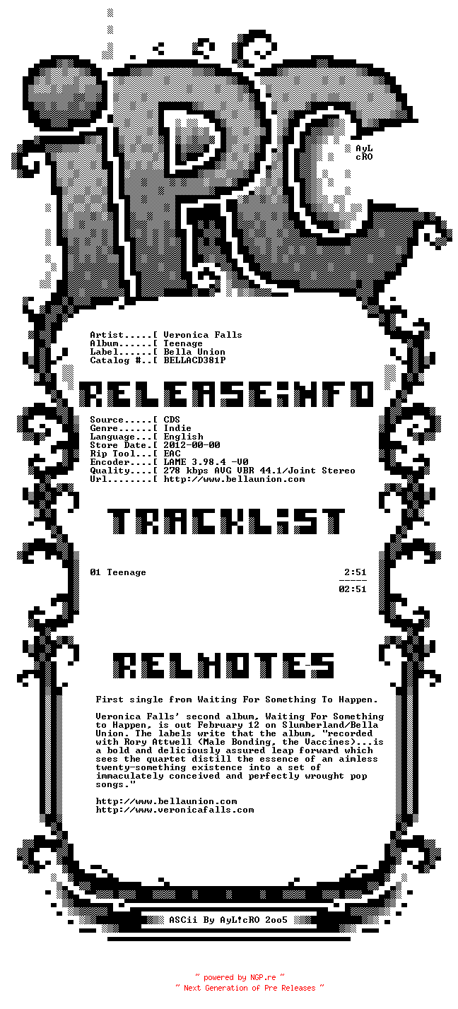 NFO for the release veronica_falls-teenage-(bellacd381p)-promo-cds-2012 by 2012