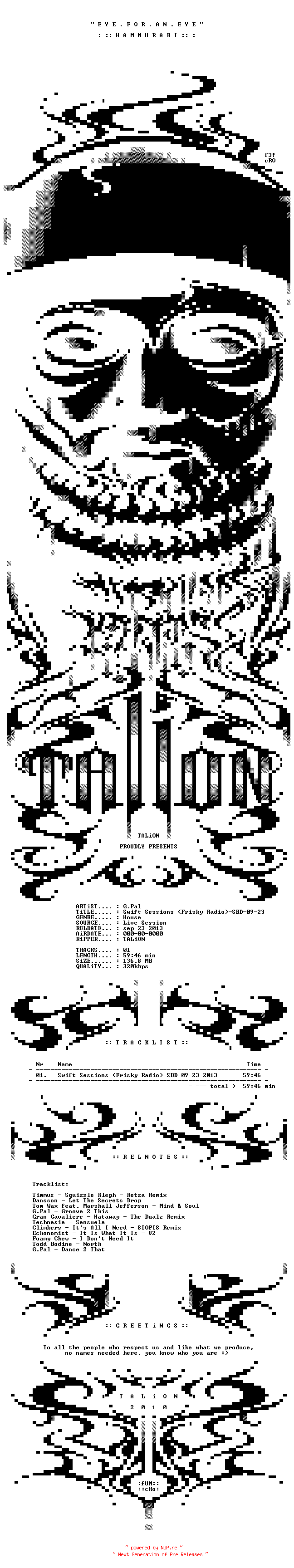NFO for the release g.pal_-_swift_sessions_(frisky_radio)-sbd-09-23-2013-talion_int by talion_int