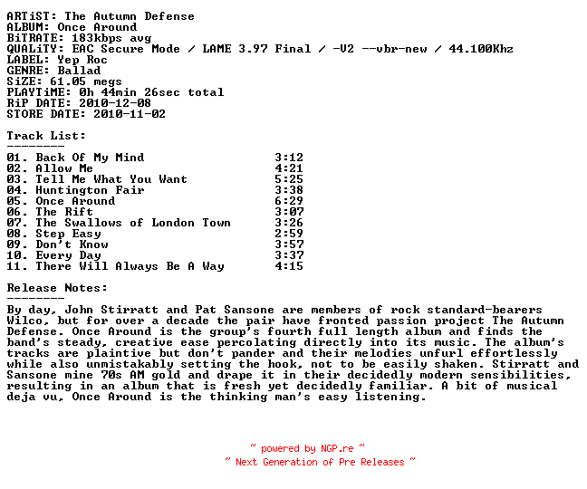 NFO for the release the_autumn_defense-once_around-2010 by 2010