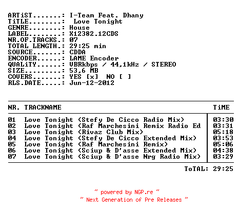 NFO for the release i-team_feat._dhany-love_tonight-(x12382.12cds)-cdm-2012 by 2012