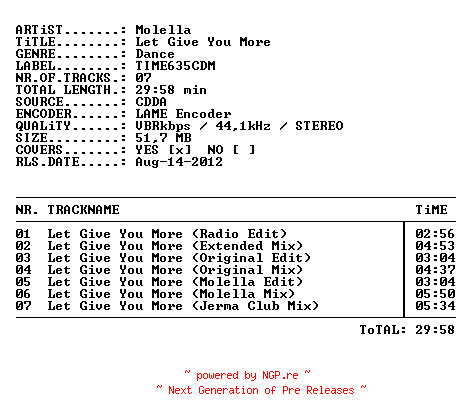 NFO for the release molella-let_give_you_more-(time635cdm)-cdm-2012 by 2012