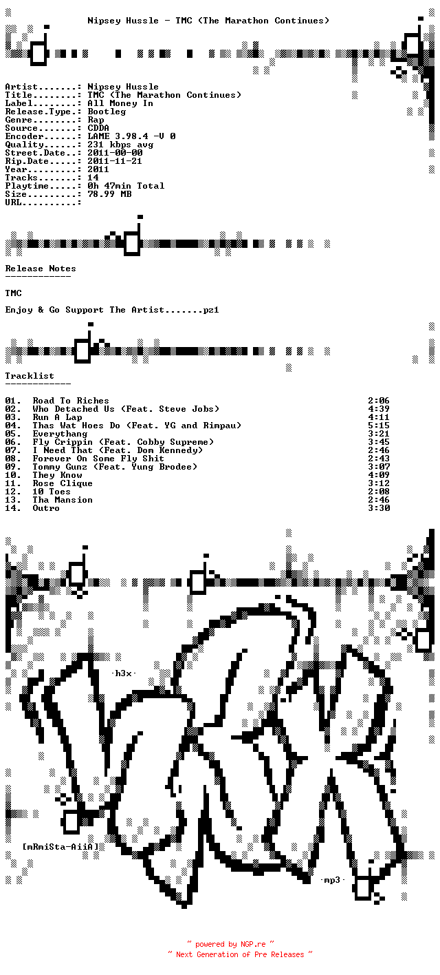 NFO for the release nipsey_hussle-tmc_(the_marathon_continues)-bootleg-2011 by 2011