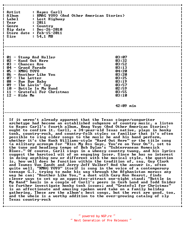 NFO for the release hayes_carll-kmag_yoyo_(and_other_american_stories)-(advance)-2011 by 2011