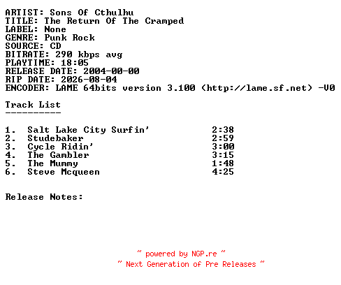 NFO for the release Sons_Of_Cthulhu-The_Return_Of_The_Cramped-2004-SDR by SDR