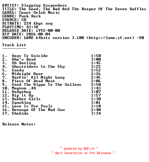 NFO for the release Slapping_Suspenders-The_Good_The_Bad_and_The_Keeper_Of_The_Seven_Waffles-1992-SDR by SDR