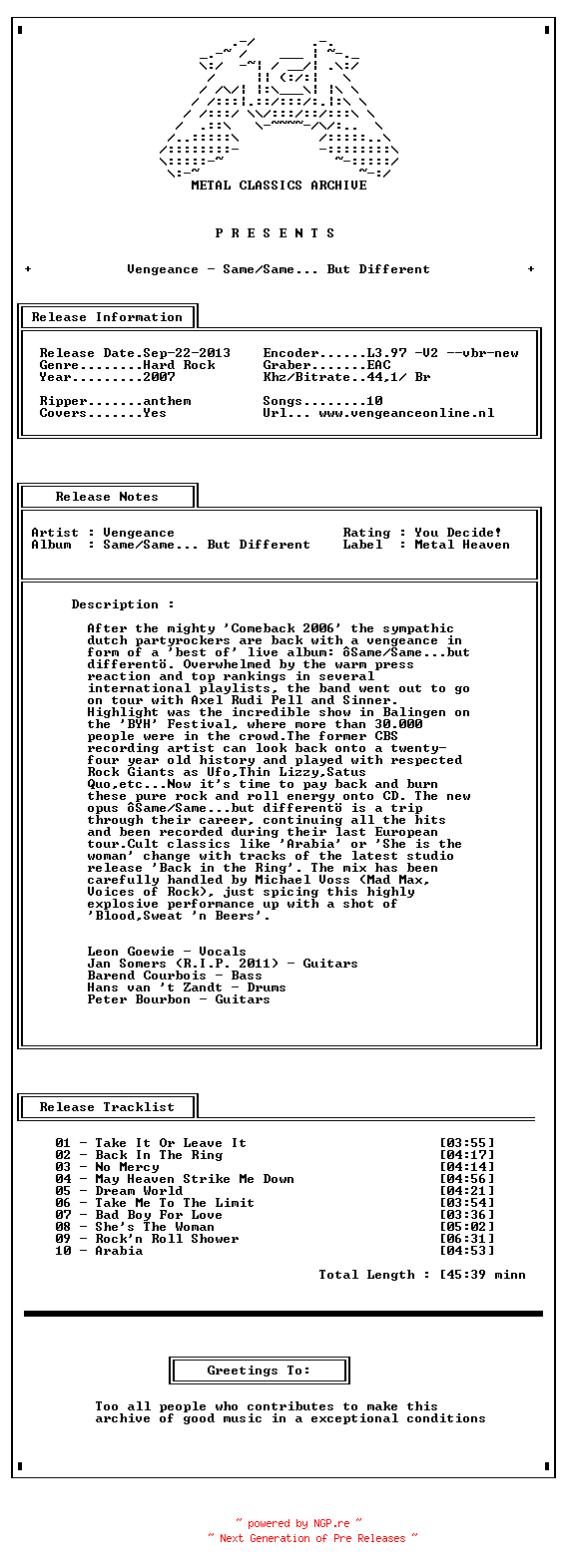 NFO for the release vengeance_-_same-same____but_different-live-2007-mca_int by mca_int