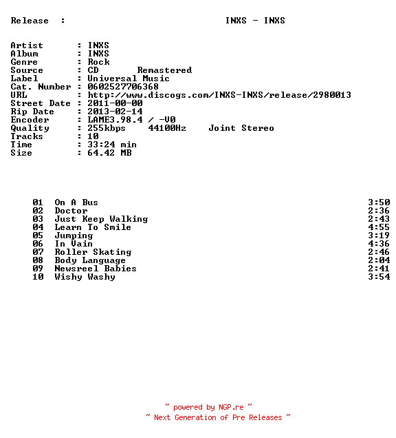 NFO for the release inxs-inxs-(0602527706368)-remastered-cd-2011 by 2011