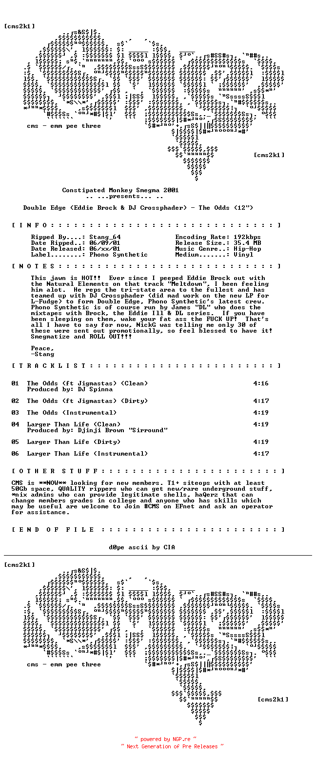 NFO for the release Double_Edge_(Eddie_Brock_and_DJ_Crossphader)-The_Odds_(Vinyl_Single)-2001-CMS by CMS