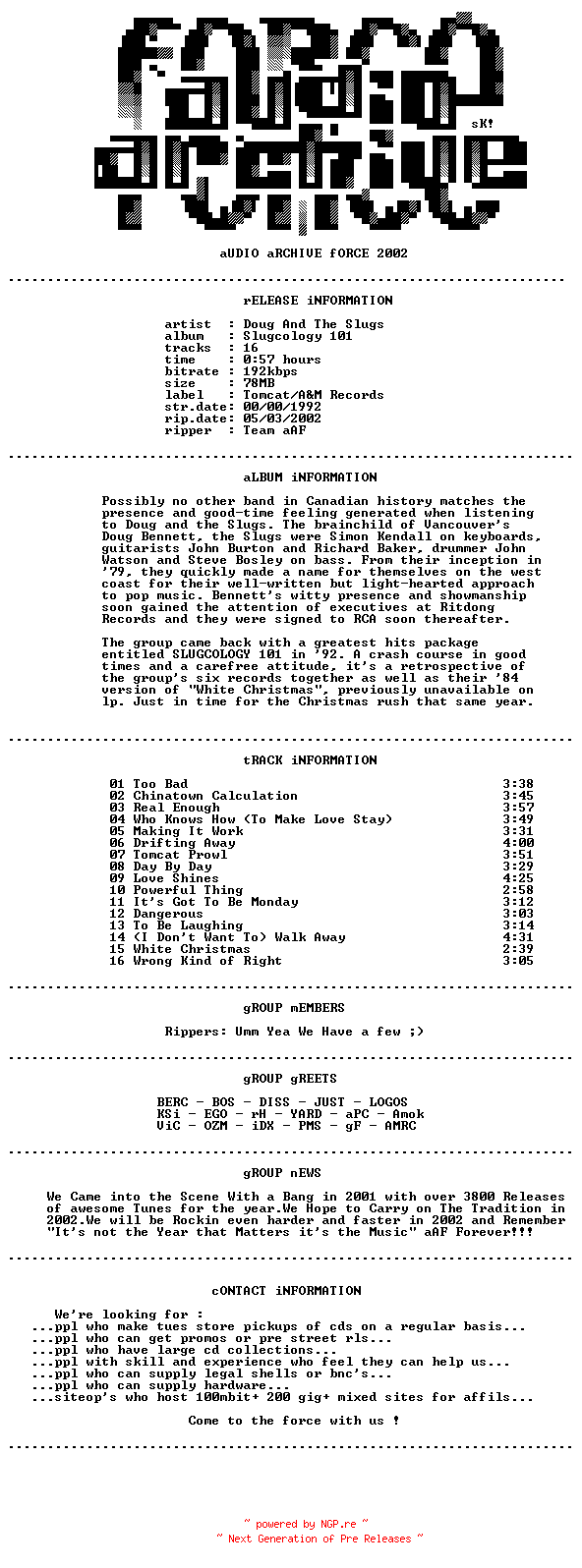 NFO for the release Doug_and_The_Slugs_-_Slugcology_101-1992-aAF by aAF