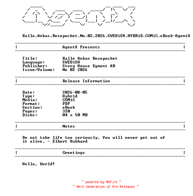 NFO for the release Kalle.Ankas.Resepocket.No.02.2026.SWEDiSH.HYBRiD.COMiC.eBook-AgentX by AgentX