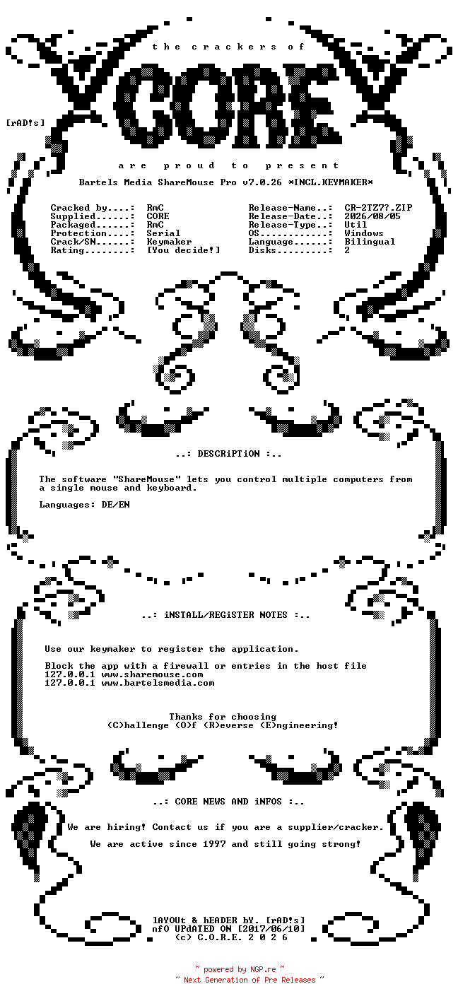 NFO for the release Bartels.Media.ShareMouse.Pro.v7.0.26.Bilingual.Incl.Keymaker-CORE by CORE