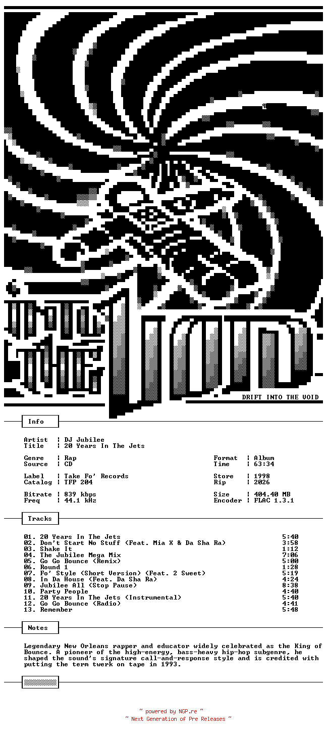 NFO for the release DJ_Jubilee-20_Years_In_The_Jets-CD-FLAC-1998-THEVOiD by THEVOiD