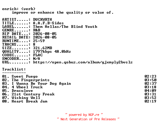 NFO for the release DUCKWRTH-A.A.F.B-Sides-24BIT-WEB-FLAC-2026-ENRiCH by ENRiCH