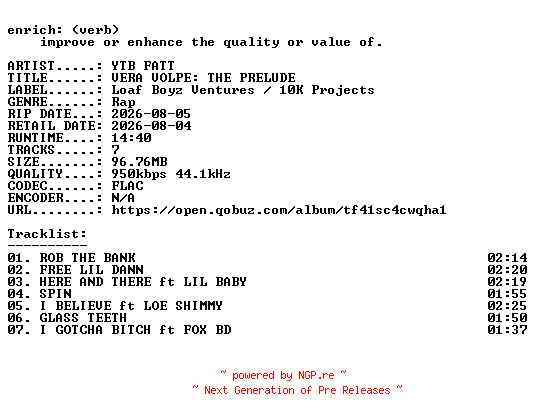 NFO for the release YTB_FATT-VERA_VOLPE_THE_PRELUDE-EP-16BIT-WEB-FLAC-2026-ENRiCH by ENRiCH