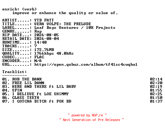 NFO for the release YTB_FATT-VERA_VOLPE_THE_PRELUDE-EP-24BIT-WEB-FLAC-2026-ENRiCH by ENRiCH