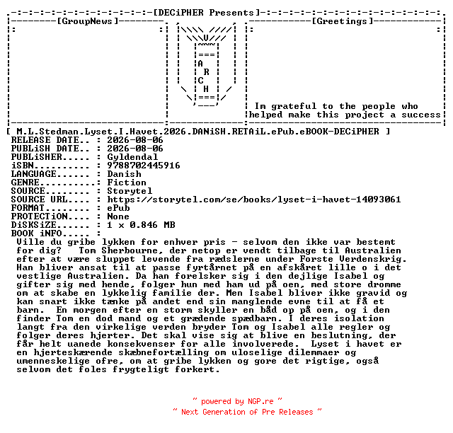 NFO for the release M.L.Stedman.Lyset.I.Havet.2026.DANiSH.RETAiL.ePub.eBOOK-DECiPHER by DECiPHER