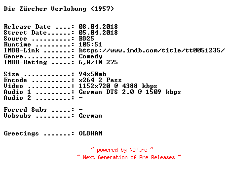 NFO for the release Die.Zuercher.Verlobung.1957.German.720p.BluRay.x264-SPiCY by SPiCY