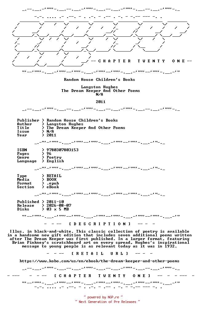 NFO for the release Langston.Hughes.-.The.Dream.Keeper.And.Other.Poems.2011.RETAIL.EPUB.eBook-CTO by CTO