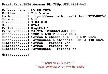 NFO for the release Beast.Race.2026.German.DL.720p.WEB.h264-WvF by WvF