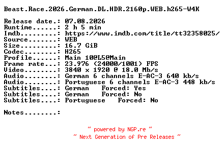 NFO for the release Beast.Race.2026.German.DL.HDR.2160p.WEB.h265-W4K by W4K