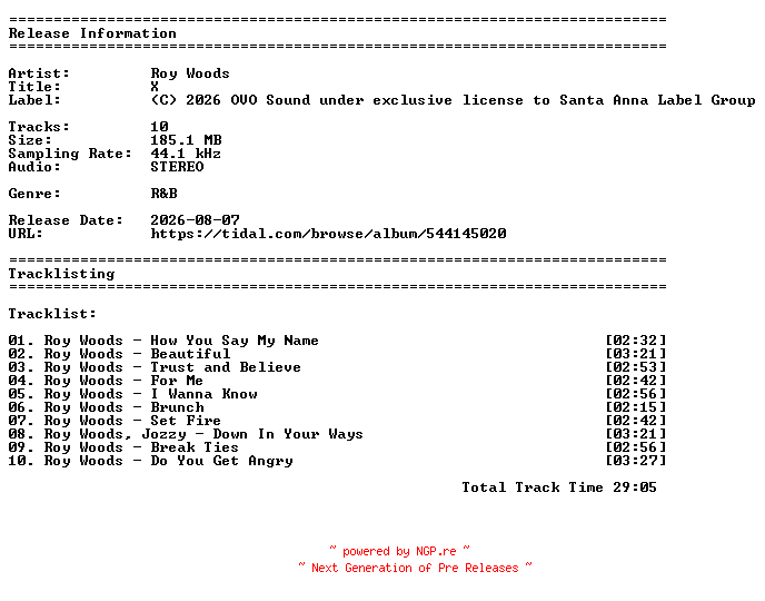 NFO for the release Roy_Woods-X-16BIT-WEBFLAC-2026-MyDad by MyDad