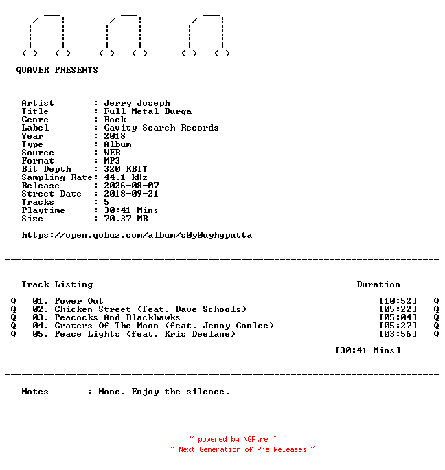NFO for the release Jerry_Joseph-Full_Metal_Burqa-WEB-2018-QUAVER by QUAVER