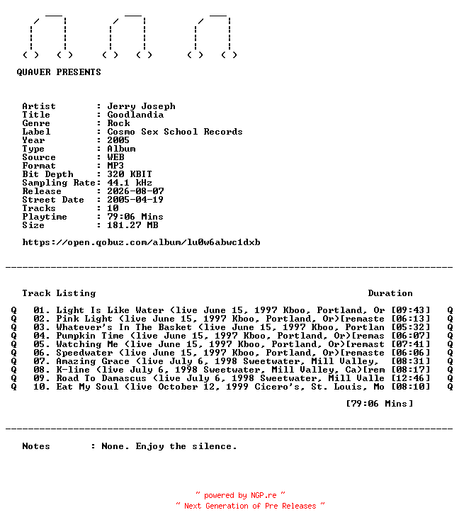 NFO for the release Jerry_Joseph-Goodlandia-REMASTERED-WEB-2005-QUAVER by QUAVER