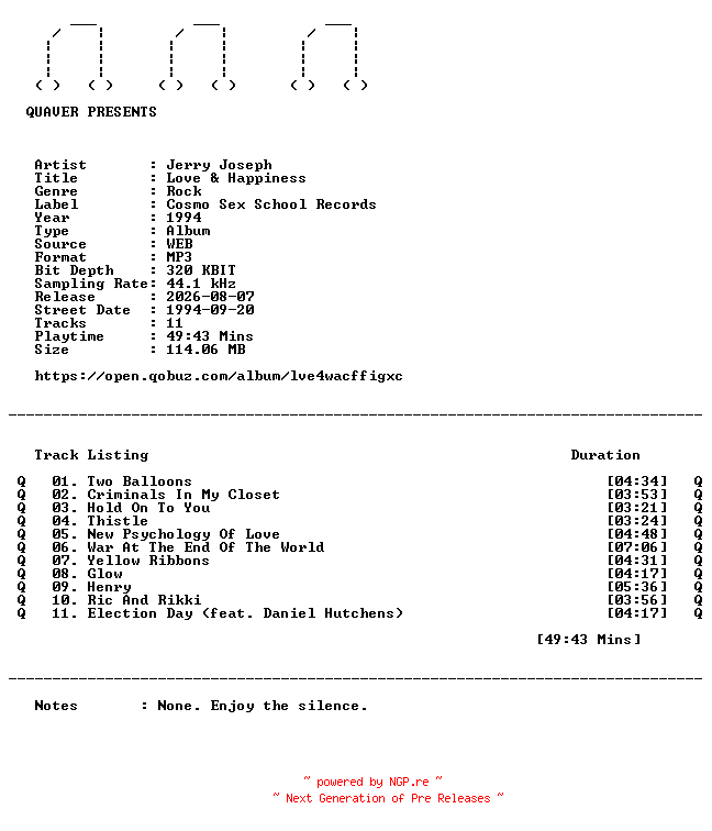 NFO for the release Jerry_Joseph-Love_and_Happiness-WEB-1994-QUAVER by QUAVER