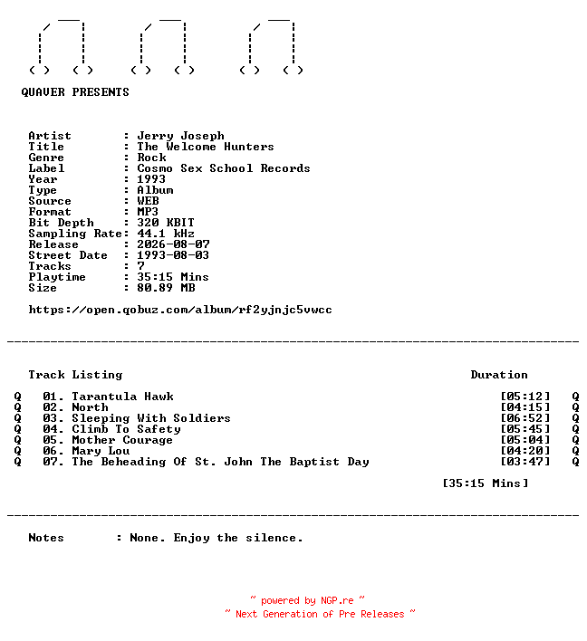 NFO for the release Jerry_Joseph-The_Welcome_Hunters-WEB-1993-QUAVER by QUAVER