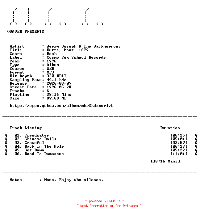 NFO for the release Jerry_Joseph_and_The_Jackmormons-Butte_Mont._1879-WEB-1996-QUAVER by QUAVER
