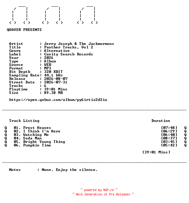 NFO for the release Jerry_Joseph_and_The_Jackmormons-Panther_Tracks_Vol_2-WEB-2026-QUAVER by QUAVER