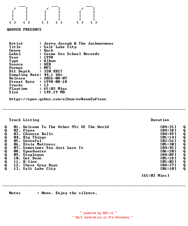 NFO for the release Jerry_Joseph_and_The_Jackmormons-Salt_Lake_City-WEB-1998-QUAVER by QUAVER