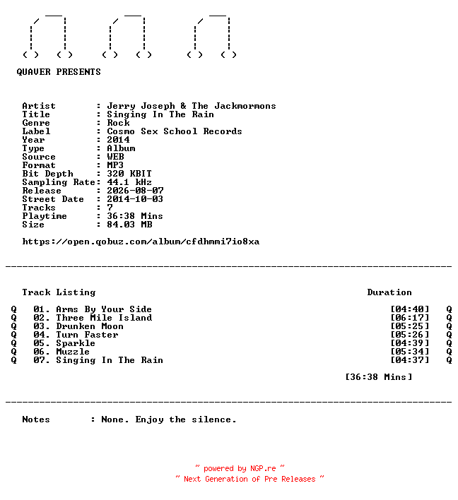 NFO for the release Jerry_Joseph_and_The_Jackmormons-Singing_In_The_Rain-WEB-2014-QUAVER by QUAVER