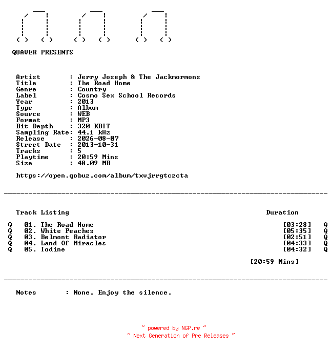 NFO for the release Jerry_Joseph_and_The_Jackmormons-The_Road_Home-EP-WEB-2013-QUAVER by QUAVER