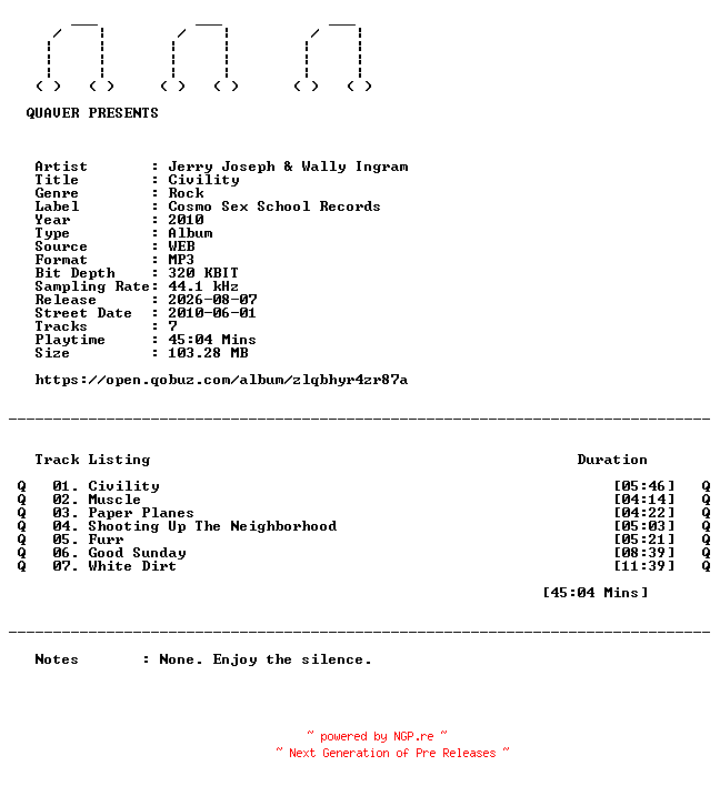 NFO for the release Jerry_Joseph_and_Wally_Ingram-Civility-WEB-2010-QUAVER by QUAVER