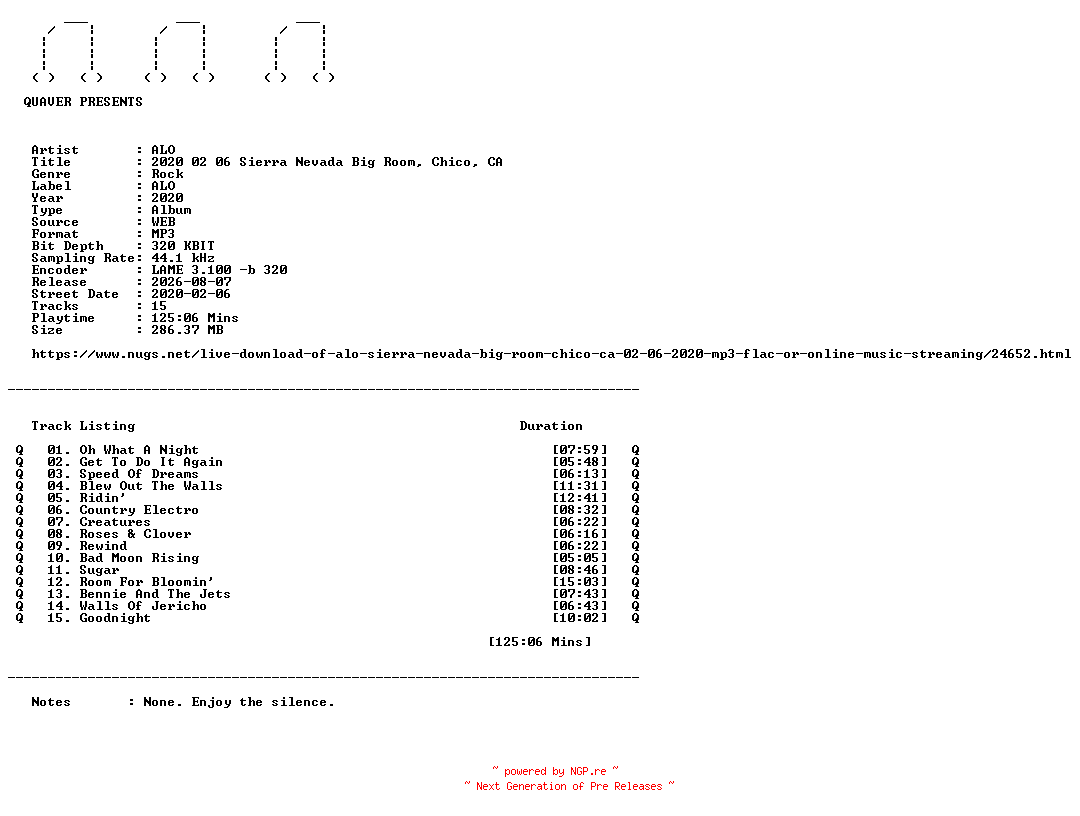 NFO for the release ALO-2020_02_06_Sierra_Nevada_Big_Room_Chico_CA-WEB-2020-QUAVER by QUAVER