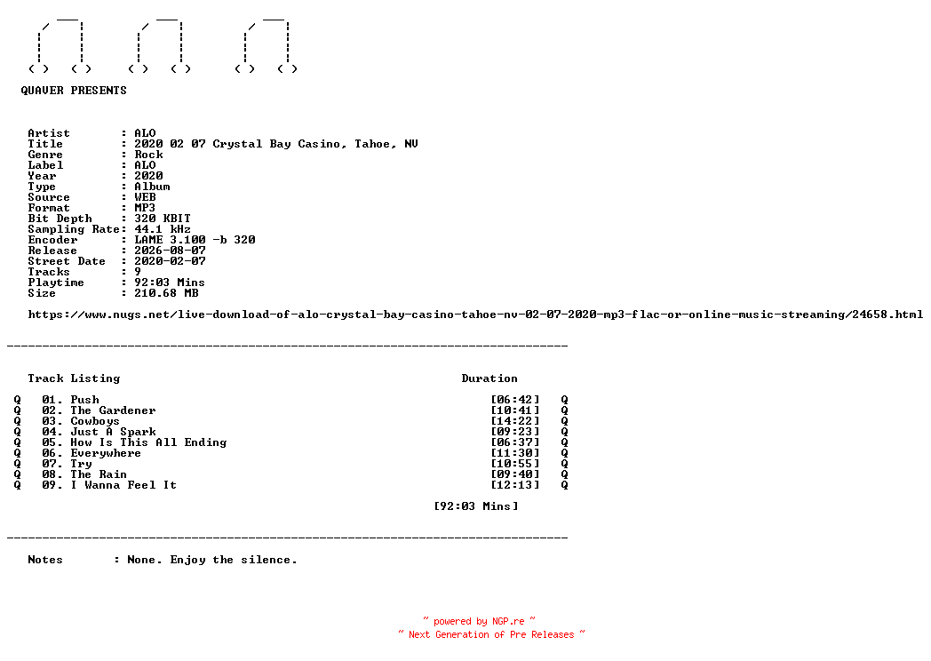 NFO for the release ALO-2020_02_07_Crystal_Bay_Casino_Tahoe_NV-WEB-2020-QUAVER by QUAVER