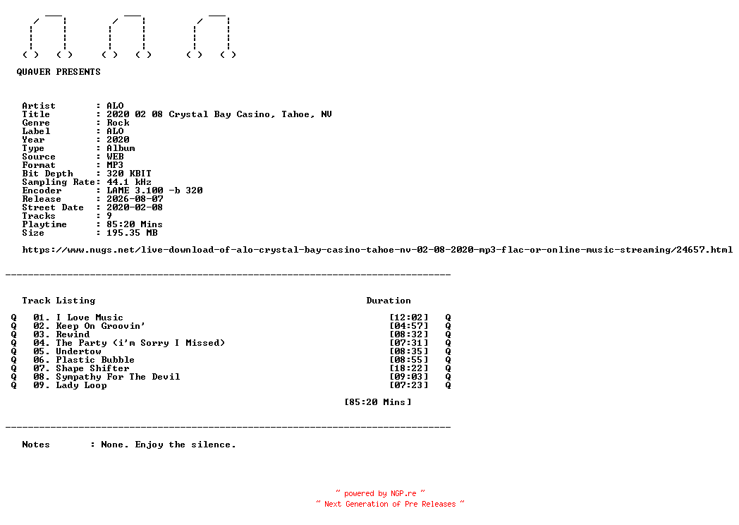 NFO for the release ALO-2020_02_08_Crystal_Bay_Casino_Tahoe_NV-WEB-2020-QUAVER by QUAVER