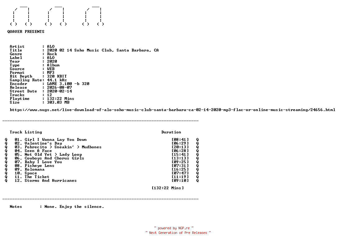 NFO for the release ALO-2020_02_14_Soho_Music_Club_Santa_Barbara_CA-WEB-2020-QUAVER by QUAVER