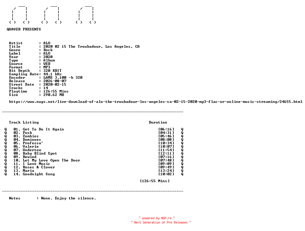 NFO for the release ALO-2020_02_15_The_Troubadour_Los_Angeles_CA-WEB-2020-QUAVER by QUAVER