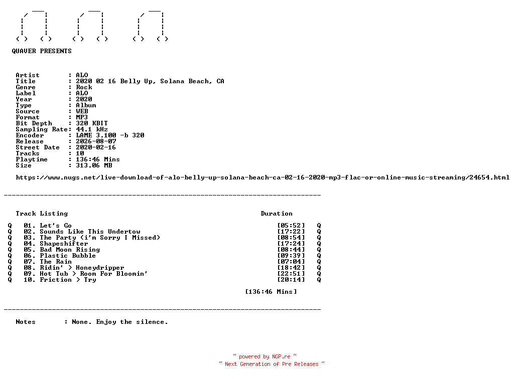 NFO for the release ALO-2020_02_16_Belly_Up_Solana_Beach_CA-WEB-2020-QUAVER by QUAVER