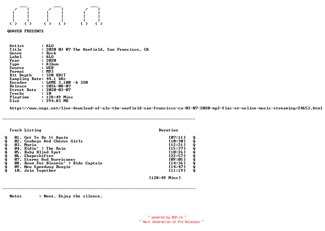 NFO for the release ALO-2020_03_07_The_Warfield_San_Francisco_CA-WEB-2020-QUAVER by QUAVER