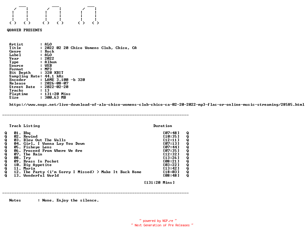 NFO for the release ALO-2022_02_20_Chico_Womens_Club_Chico_CA-WEB-2022-QUAVER by QUAVER