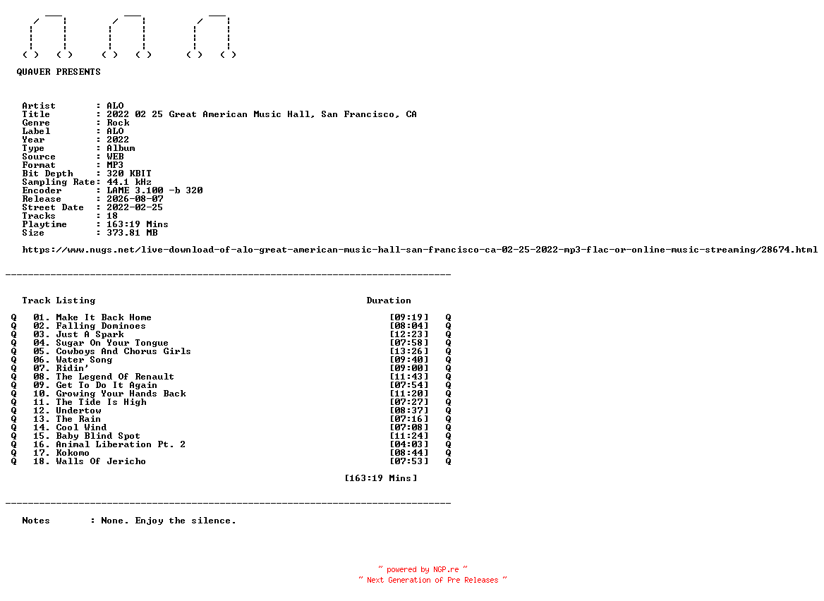 NFO for the release ALO-2022_02_25_Great_American_Music_Hall_San_Francisco_CA-WEB-2022-QUAVER by QUAVER