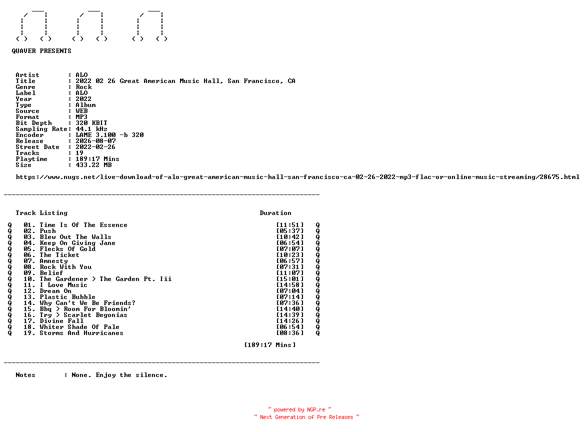 NFO for the release ALO-2022_02_26_Great_American_Music_Hall_San_Francisco_CA-WEB-2022-QUAVER by QUAVER